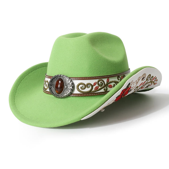 Sombrero vaquero para hombre con cinturón de ala rubí bordado con flores - Verde claro - M (22"-22 7/8") - image 4