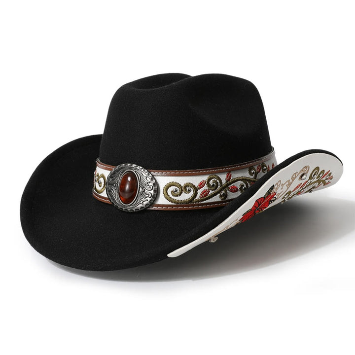 Sombrero vaquero para hombre con cinturón de ala rubí bordado con flores - Negro - M (22"-22 7/8") - image 9