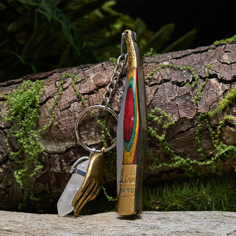 Navaja plegable para exteriores con mango colorido y collar con mano de Buda de cristal blanco - Collar con navaja plegable - image 0