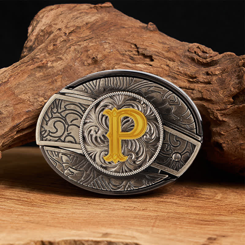 Cinturón de cuero con hebilla de cuchillo oculta con inicial bicolor (DIY). - P - Sin correa - image 22