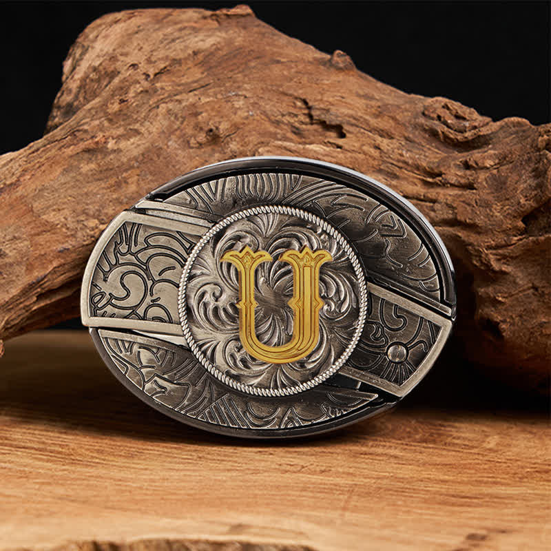 Cinturón de cuero con hebilla de cuchillo oculta con inicial bicolor (DIY). - U - Sin correa - image 27