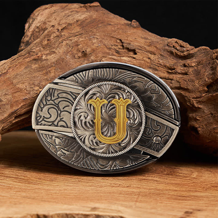 Cinturón de cuero con hebilla de cuchillo oculta con inicial bicolor (DIY). - U - Sin correa - image 27