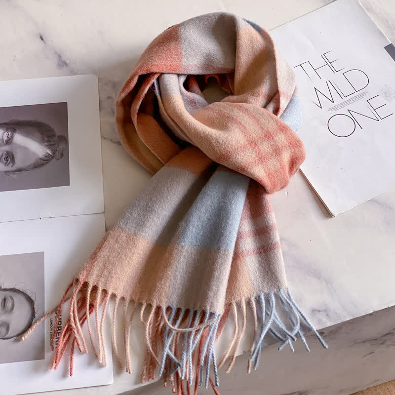 Bufanda unisex de lana cálida con estampado de cuadros y borlas - #43 - image 47