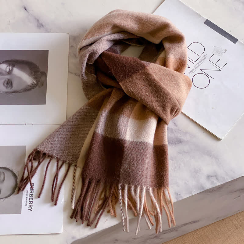 Bufanda unisex de lana cálida con estampado de cuadros y borlas - #46 - image 50