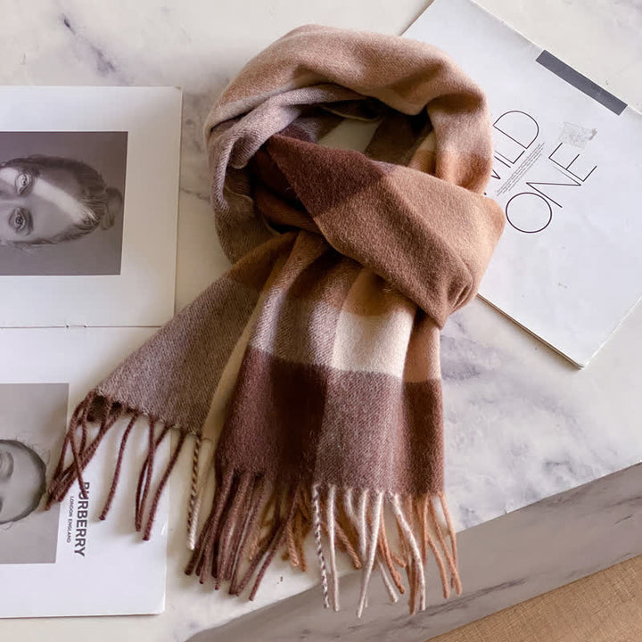 Bufanda unisex de lana cálida con estampado de cuadros y borlas - #46 - image 50