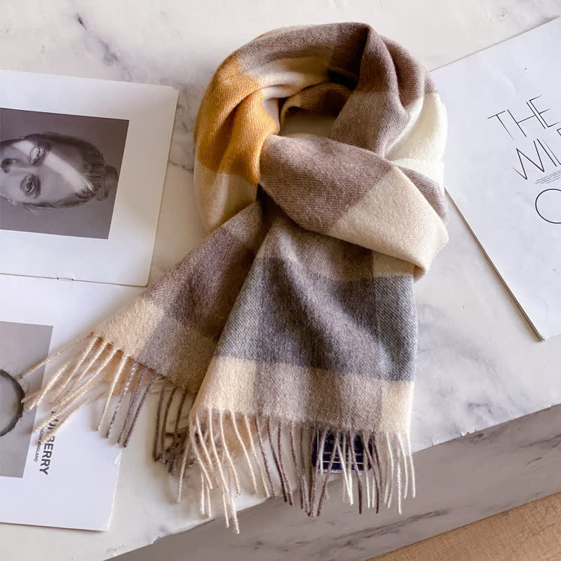 Bufanda unisex de lana cálida con estampado de cuadros y borlas - #45 - image 49