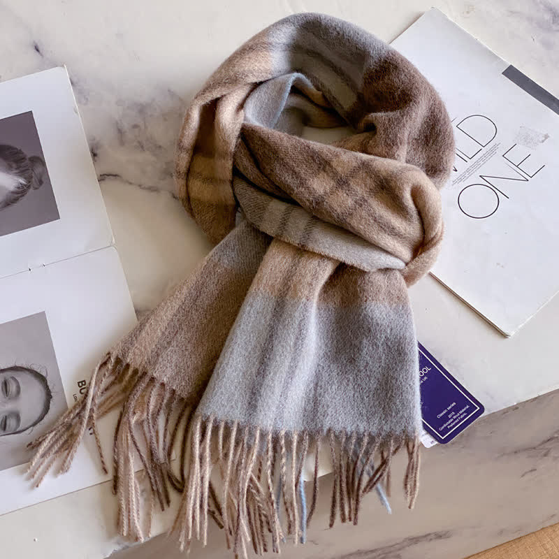 Bufanda unisex de lana cálida con estampado de cuadros y borlas - #41 - image 45