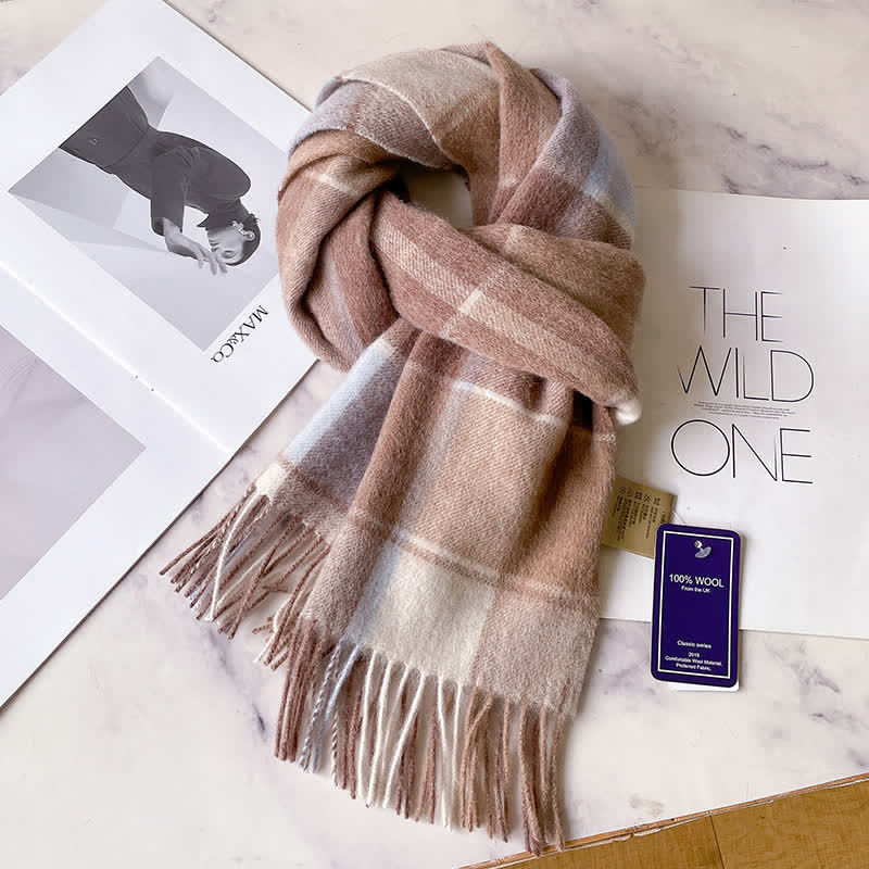 Bufanda unisex de lana cálida con estampado de cuadros y borlas - #58 - image 62