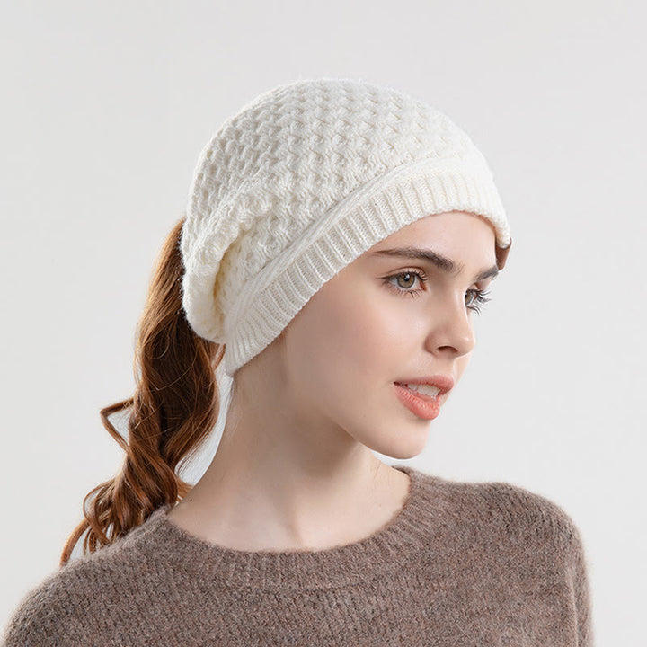Gorro de punto abierto para mujer con coleta, cálido para invierno. - Blanco - Ajustable (21 5/8"-23 5/8") - image 5