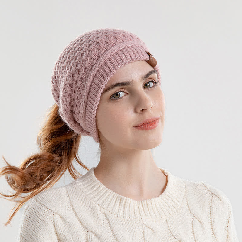 Gorro de punto abierto para mujer con coleta, cálido para invierno. - Rosa - Ajustable (21 5/8"-23 5/8") - image 3