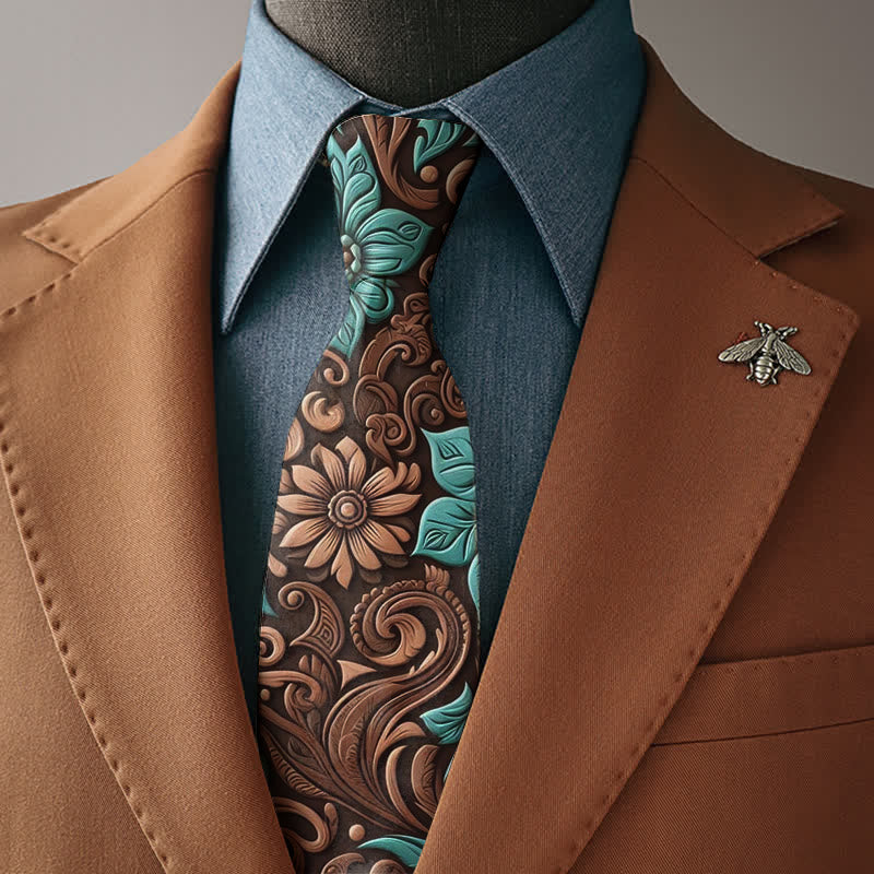 Corbata elegante para hombre con estampado floral marrón y turquesa - Corbata - image 0