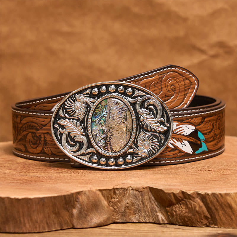 Cinturón de cuero con hebilla DIY de concha tallada plateada y negra - Cinturón de plumas marrón - 40 - image 8