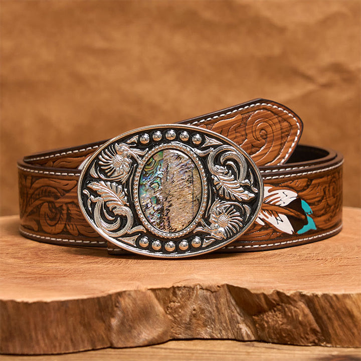 Cinturón de cuero con hebilla DIY de concha tallada plateada y negra - Cinturón de plumas marrón - 40 - image 8