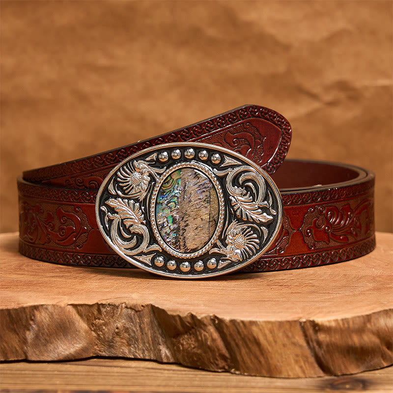 Cinturón de cuero con hebilla DIY de concha tallada plateada y negra - Cinturón marrón tallado - 42 - image 7