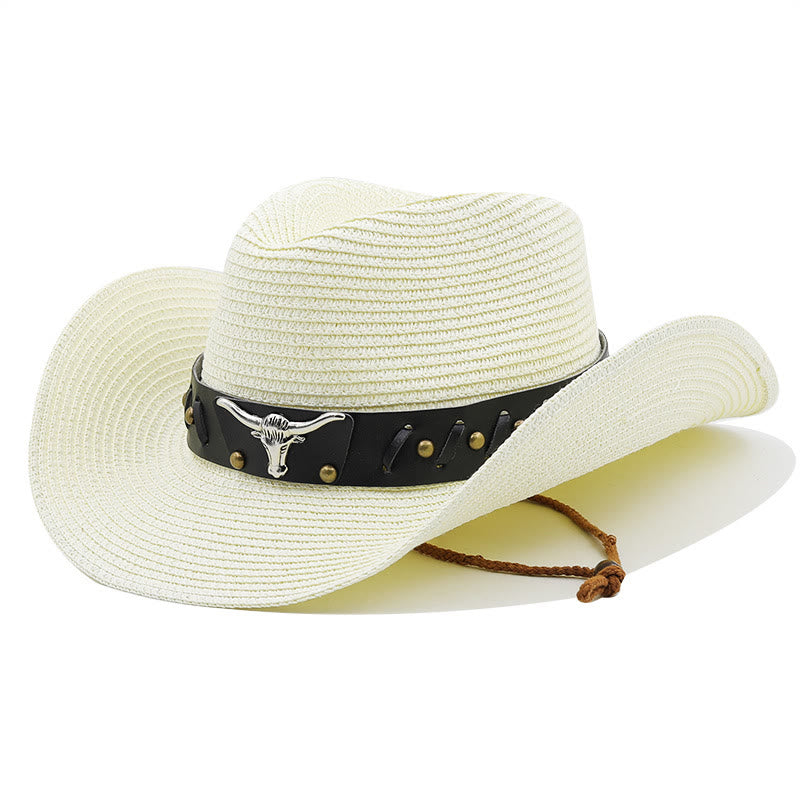 Sombrero de paja para hombre Western Silver Bull Head con ala negra y cinturón - Blanco lechoso - M (22"-22 7/8") - image 7