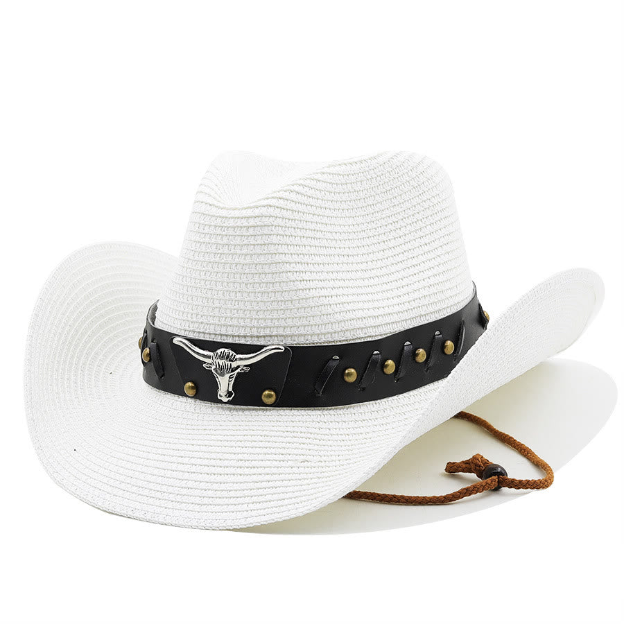 Sombrero de paja para hombre Western Silver Bull Head con ala negra y cinturón - Blanco - M (22"-22 7/8") - image 8