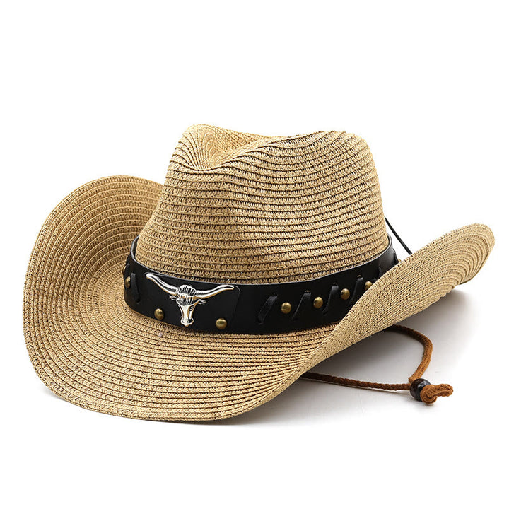 Sombrero de paja para hombre Western Silver Bull Head con ala negra y cinturón - Caqui - M (22"-22 7/8") - image 10