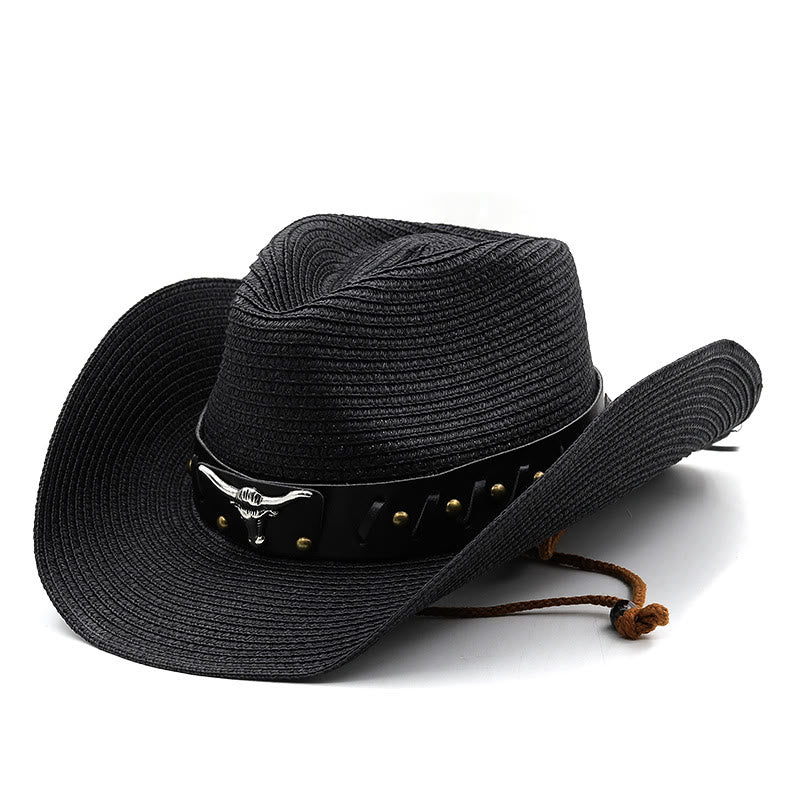 Sombrero de paja para hombre Western Silver Bull Head con ala negra y cinturón - Negro - M (22"-22 7/8") - image 9