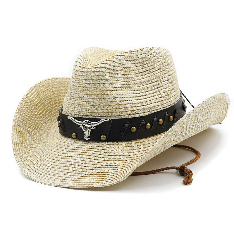 Sombrero de paja para hombre Western Silver Bull Head con ala negra y cinturón - Beige - M (22"-22 7/8") - image 6