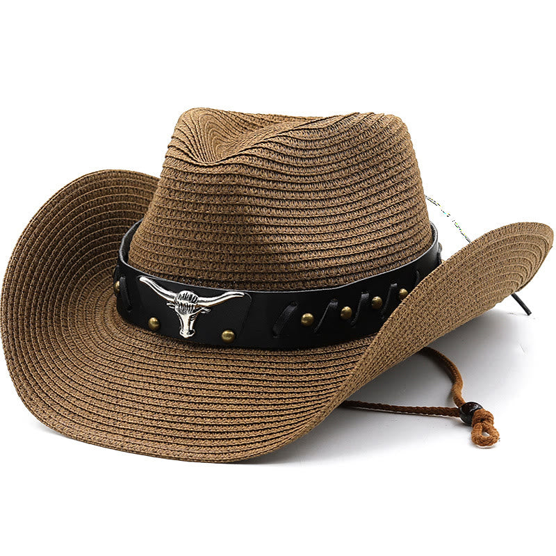 Sombrero de paja para hombre Western Silver Bull Head con ala negra y cinturón - Café - M (22"-22 7/8") - image 0