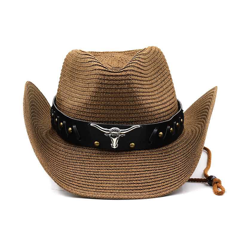 Sombrero de paja para hombre Western Silver Bull Head con ala negra y cinturón - image 1