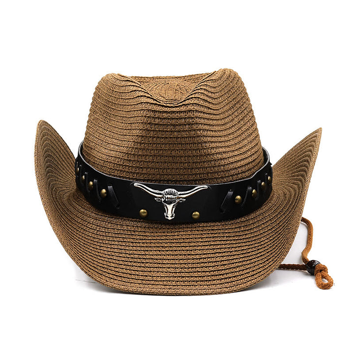 Sombrero de paja para hombre Western Silver Bull Head con ala negra y cinturón - image 1