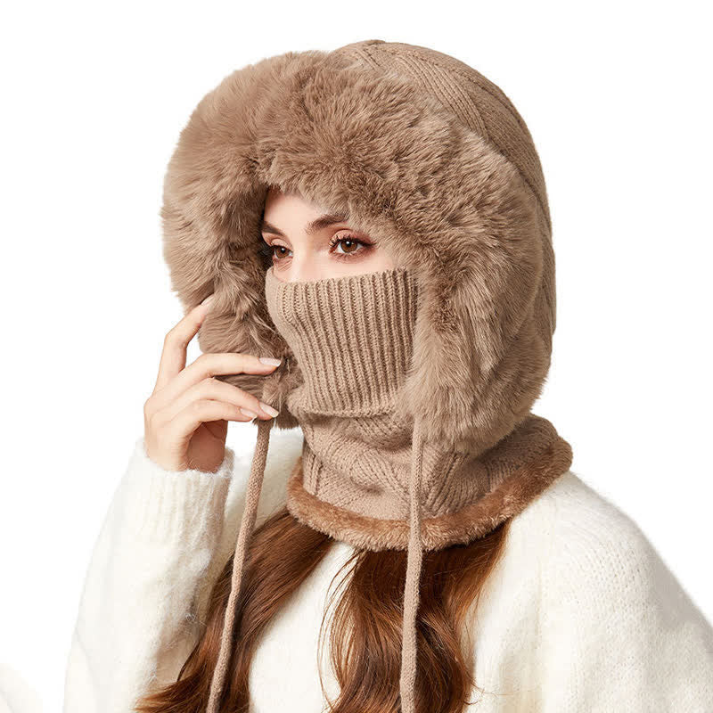 Gorro de punto 3 en 1 de felpa con tejido de sarga, bufanda y mascarilla - Caqui - M (22"-22 7/8") - image 0