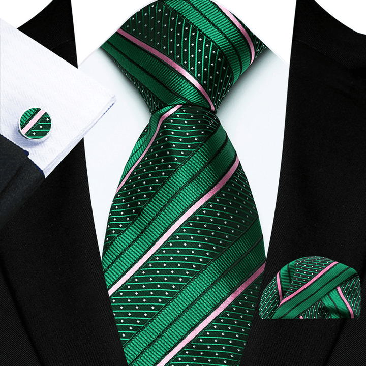 Juego de corbata de 3 piezas para hombre, negra con rayas rojas y lunares blancos - Verde - image 1