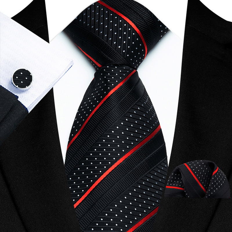 Juego de corbata de 3 piezas para hombre, negra con rayas rojas y lunares blancos - Negro - image 0