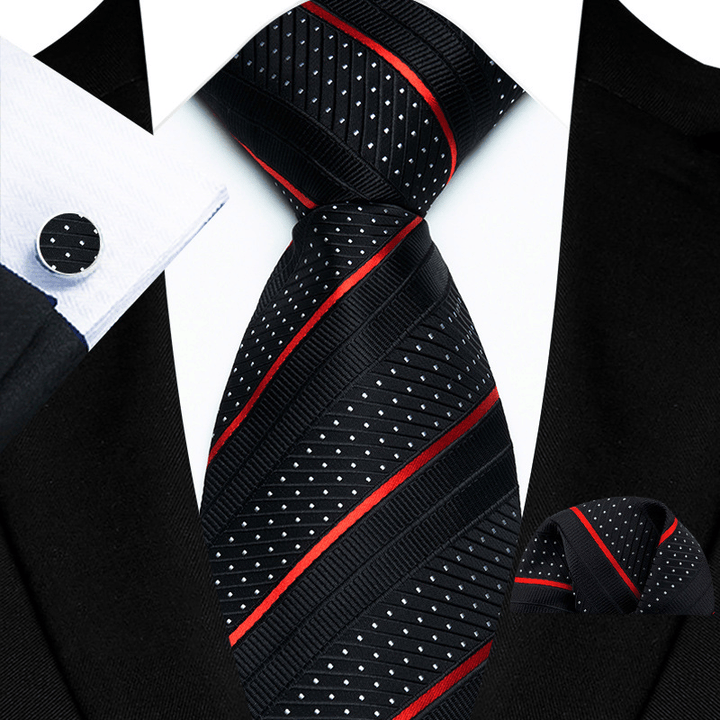 Juego de corbata de 3 piezas para hombre, negra con rayas rojas y lunares blancos - Negro - image 0