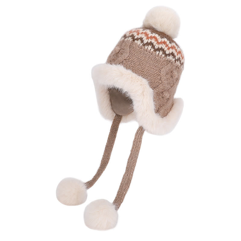 Gorro de invierno de punto texturizado para mujer con pompones de felpa - Caqui - Ajustable (21 5/8"-23 5/8") - image 1
