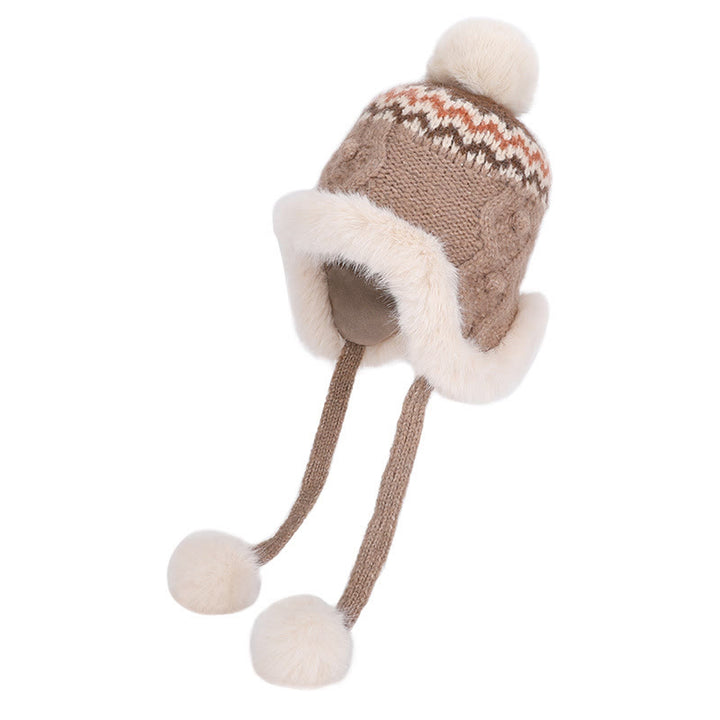 Gorro de invierno de punto texturizado para mujer con pompones de felpa - Caqui - Ajustable (21 5/8"-23 5/8") - image 1