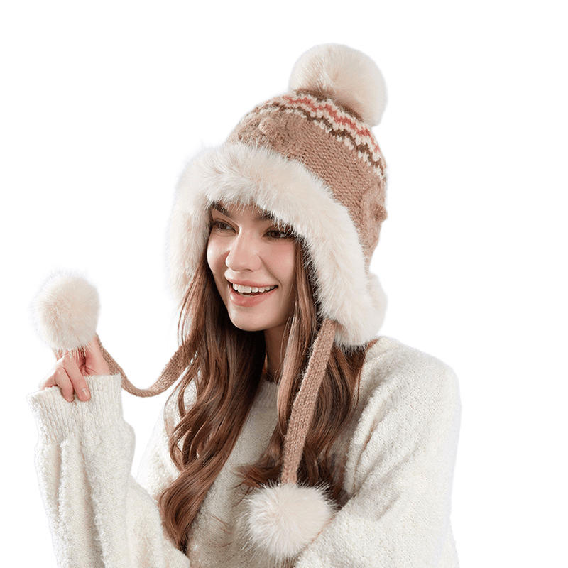 Gorro de invierno de punto texturizado para mujer con pompones de felpa - image 0
