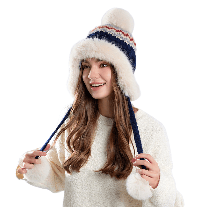 Gorro de invierno de punto texturizado para mujer con pompones de felpa - image 2