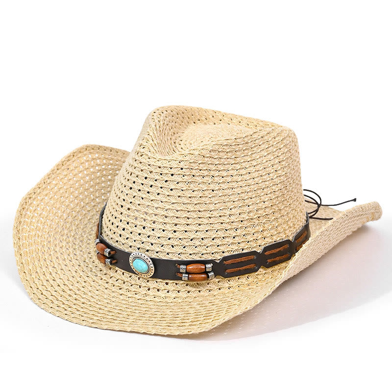 Sombrero vaquero de paja para hombre, estilo bohemio, con ala turquesa y cinturón. - Estilo n.° 4 - M (22"-22 7/8") - image 4