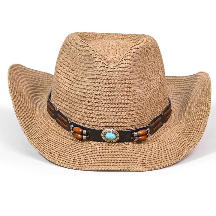 Sombrero vaquero de paja para hombre, estilo bohemio, con ala turquesa y cinturón. - image 1