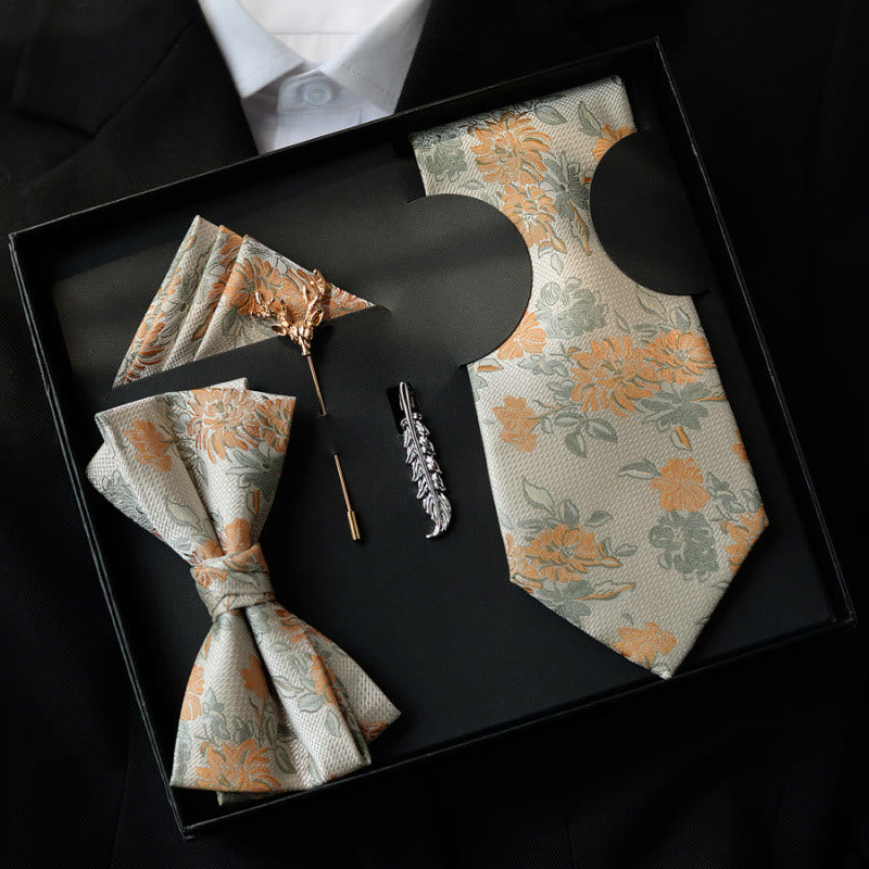 Caja de regalo con 5 pajaritas beige para hombre con estampado floral - Beige - image 0