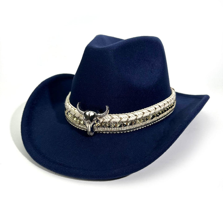Sombrero vaquero de estilo western para hombre con ala ancha y cinturón metálico - Azul marino - M (22"-22 7/8") - image 11