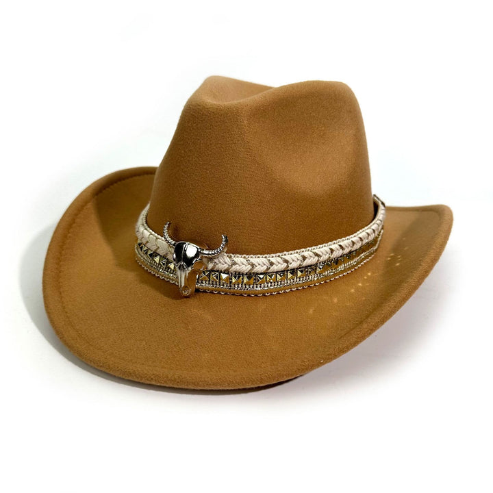 Sombrero vaquero de estilo western para hombre con ala ancha y cinturón metálico - Camello - M (22"-22 7/8") - image 6