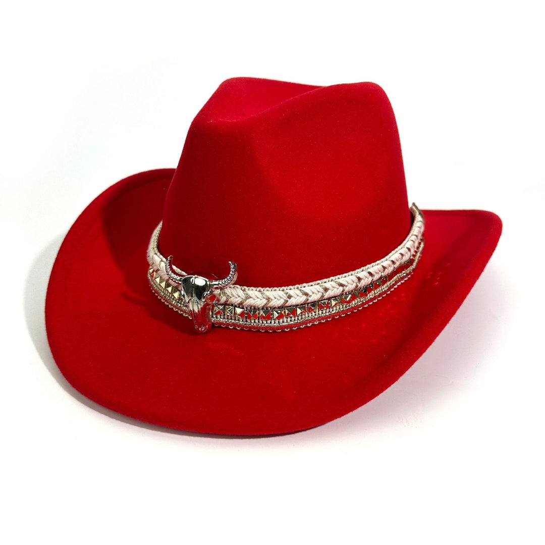 Sombrero vaquero de estilo western para hombre con ala ancha y cinturón metálico - Rojo - M (22"-22 7/8") - image 7