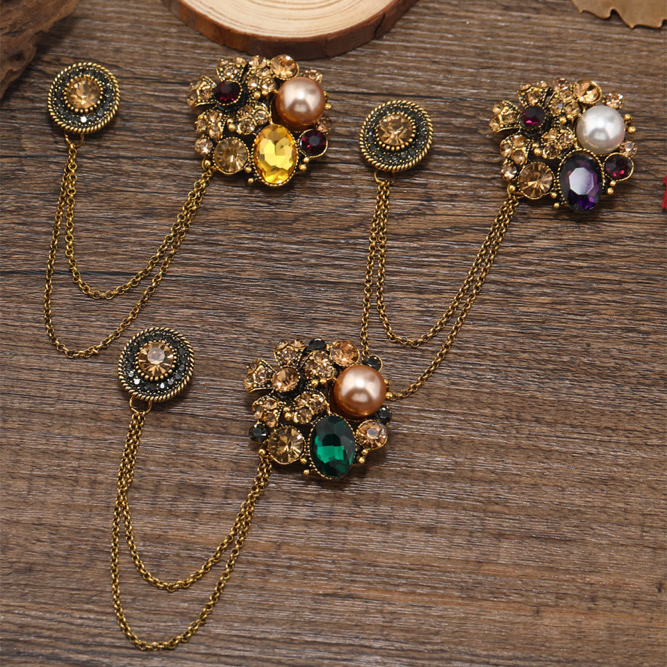 Broche vintage de cadena floral con perlas y múltiples gemas - image 0