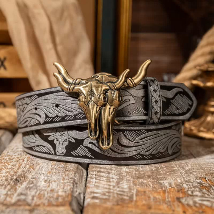 Cinturón de cuero repujado estilo western con doble cabeza de toro - Gris / Bronce - 38 - image 5