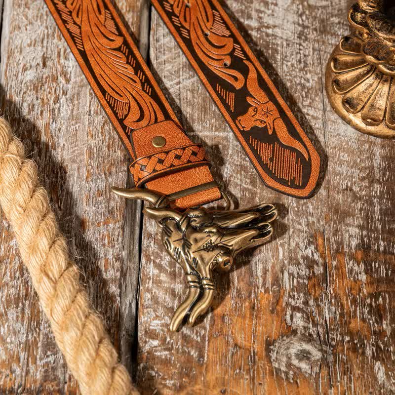 Cinturón de cuero repujado estilo western con doble cabeza de toro - image 3