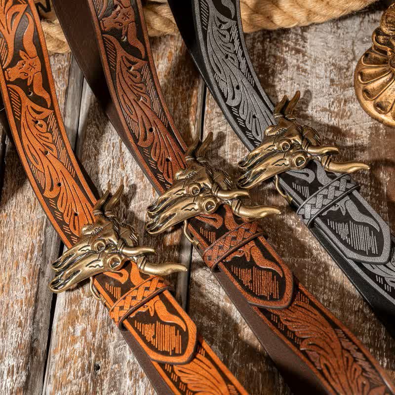 Cinturón de cuero repujado estilo western con doble cabeza de toro - image 1