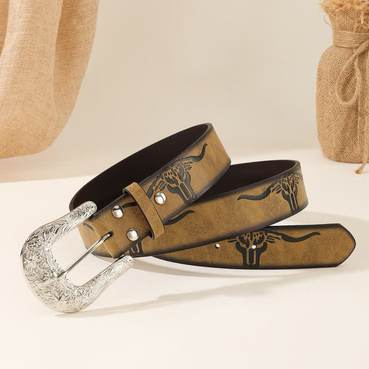 Cinturón de cuero con llamativo patrón de cabeza de toro Longhorn en relieve - image 2