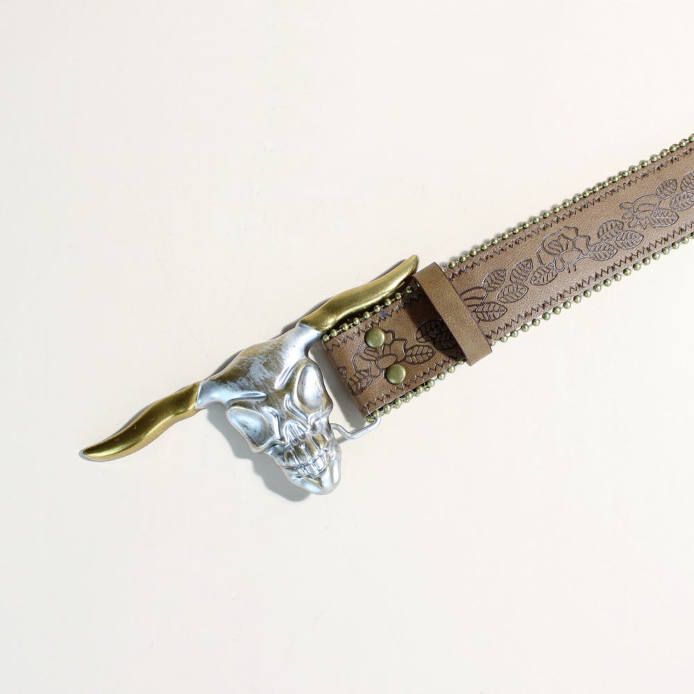 Cinturón de hombre estilo western con hebilla y remaches de cabeza de toro Longhorn dorado - image 6