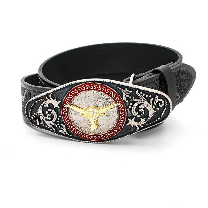 Cinturón negro tallado con hebilla de cabeza de toro dorada para hombre - image 1