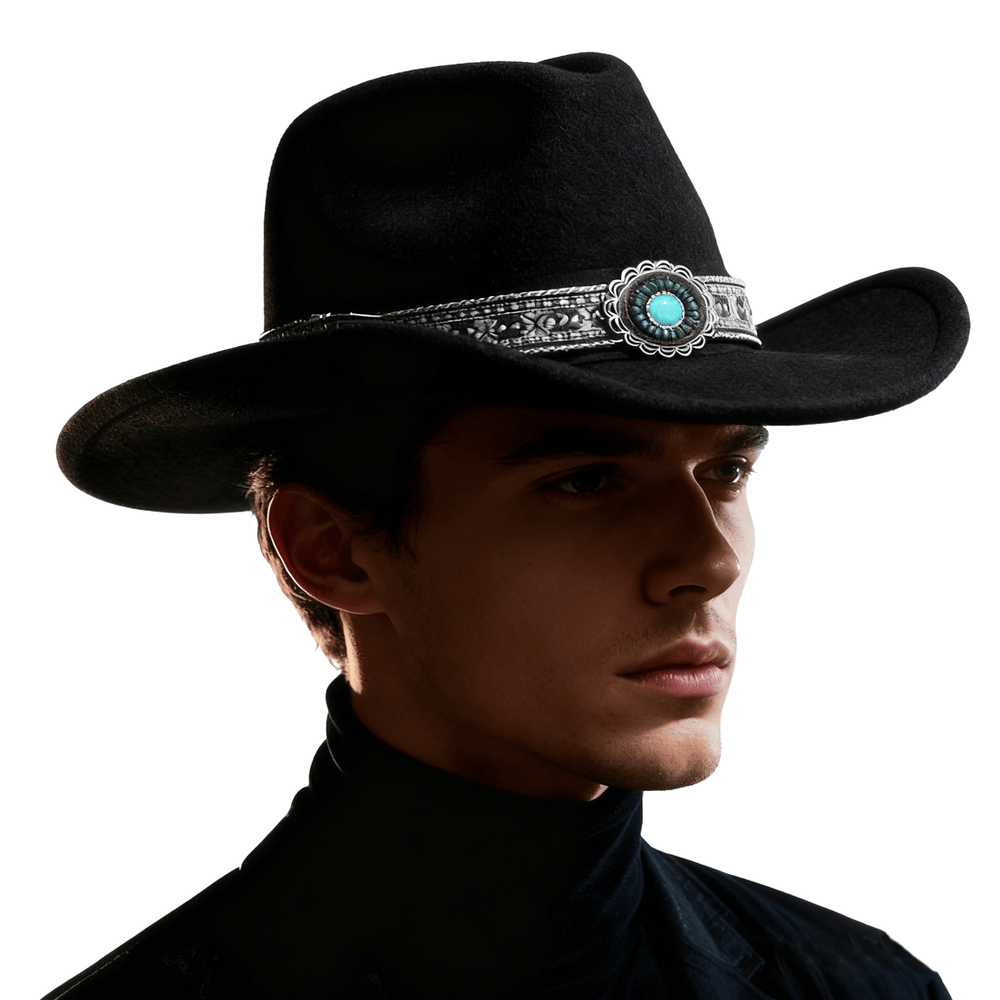 Sombrero vaquero de hombre estilo western con ala estampada en color turquesa y cinturón - image 1