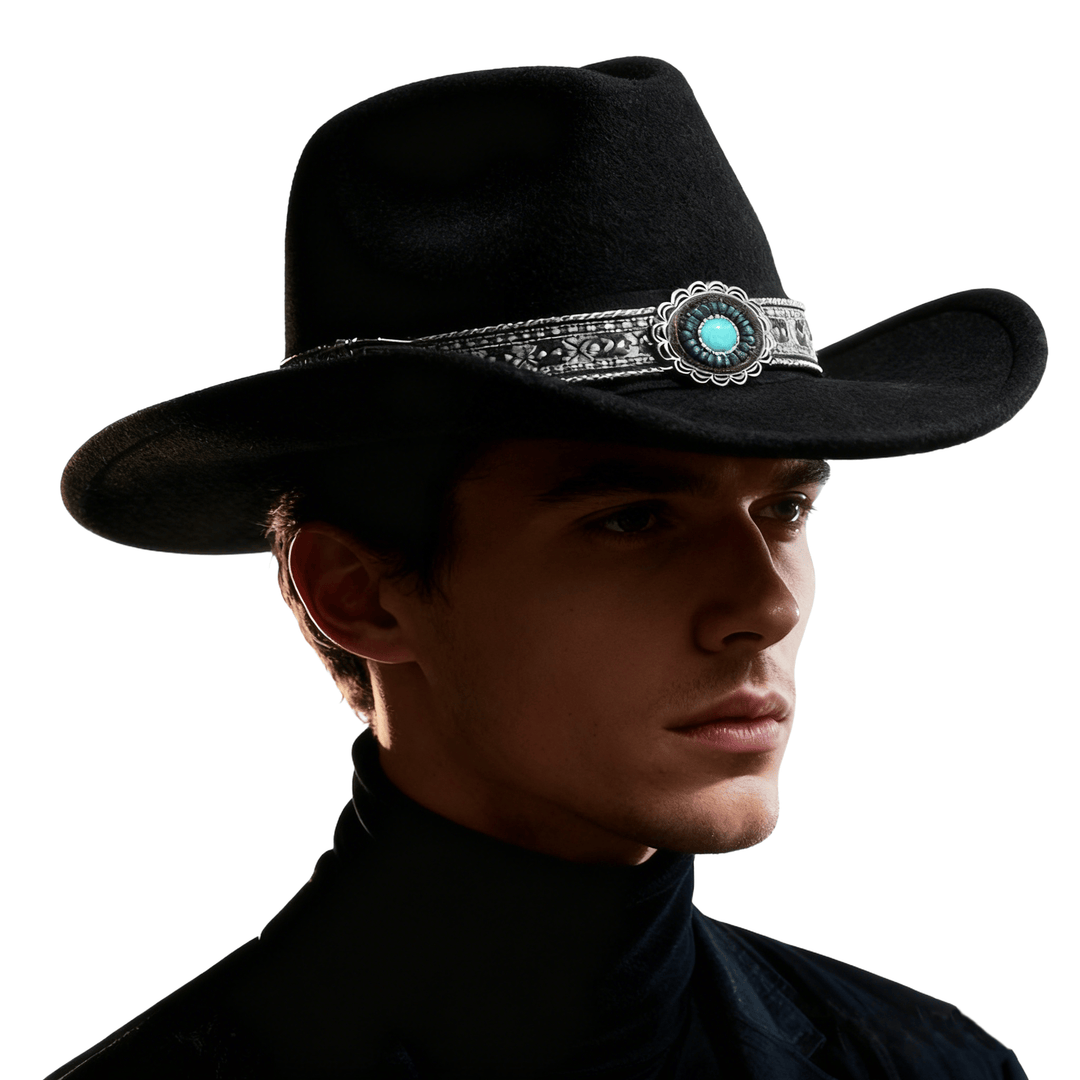 Sombrero vaquero de hombre estilo western con ala estampada en color turquesa y cinturón - image 1