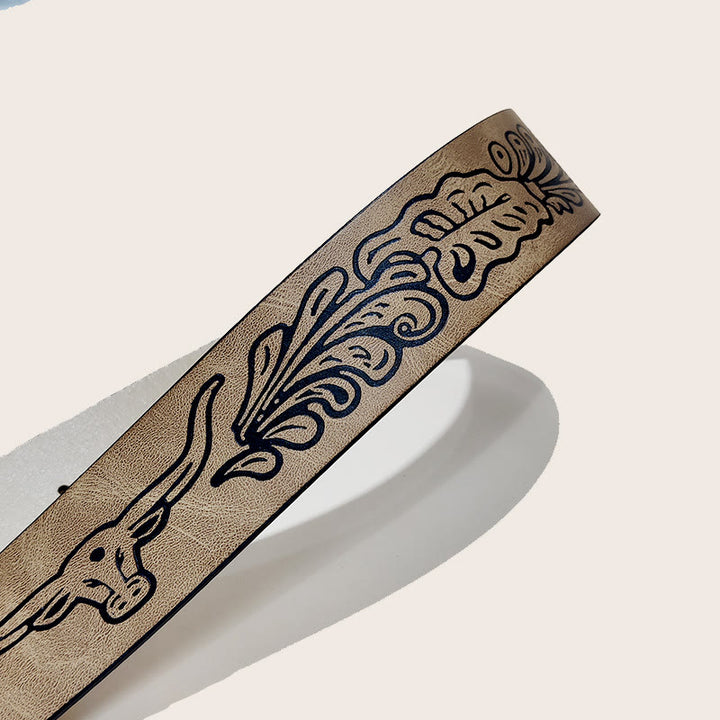 Cinturón de hombre estilo western con hebilla de calavera de toro y estampado negro - image 5